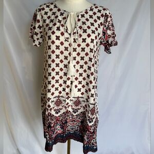 JEUVRE Boho Tassel Shift Dress | Paisley Border Print Small Multicolor